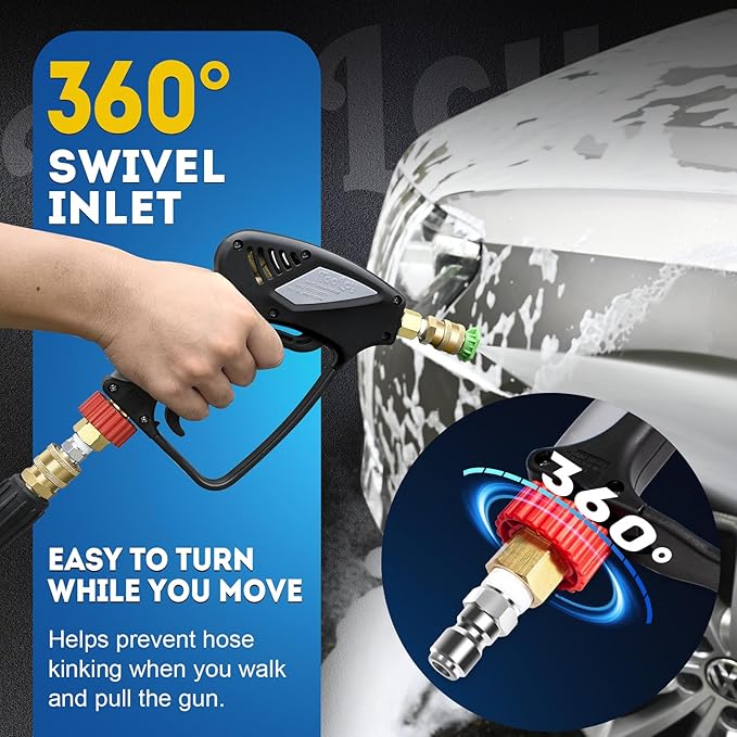 TOOLCY Pro Short Pressure Washer Gun 5000 PSI with 360° Swivel,3/8" Quick Connect Inlet, High Pressure Washer Gun with 1/4" Quick Connect Outlet, Includes 3/8" QC to M22-14mm Adapter & 5 Nozzle Tips