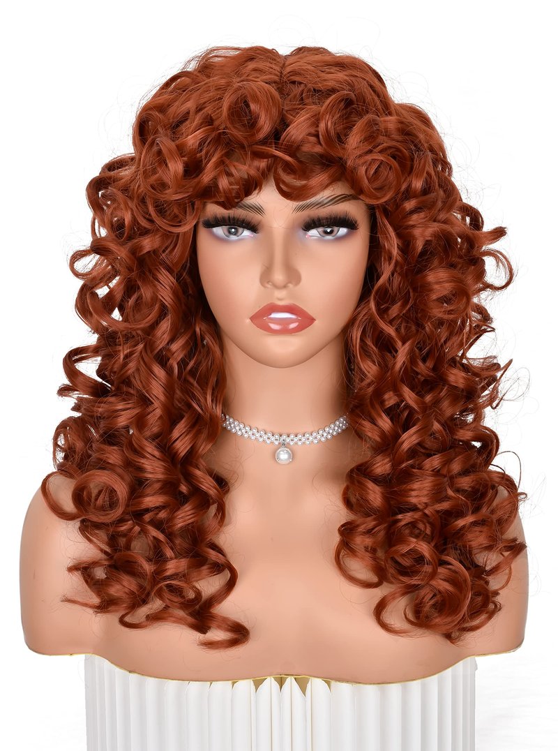 ANNISOUL Copper Curly Wigs for Black Women Long Curly Afro Wig with Bangs for Women Big Bouncy Fluffy Synthetic Fiber Glueless Hair for Cosplay and Daily