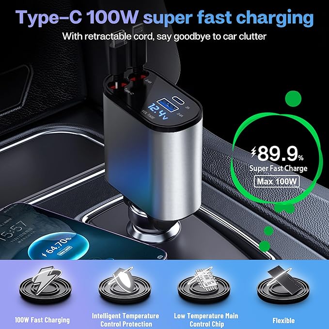 Retractable Car Charger with 100W Fast Car Charger 4 in 1 for iPhone and Type C, Retractable Cables (80cm) and 2 Charging Ports, Compatible with iPhone 15/14/13/12 Pro Max XR