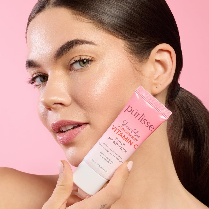 pürlisse Sheer Glow Strawberry Vitamin C Tinted Moisturizer - Skin Tint Moisturizer Enriched with Antioxidants to Even Complexion - Dewy Light Coverage for All Skin Types - Tan (1.4 oz)