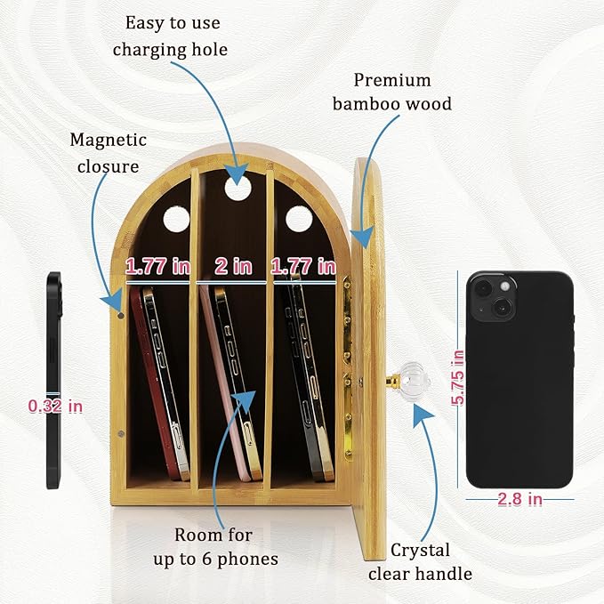 Lzttyee Phone Box for Family Time, Bamboo Cell Phone Jail, 3 Sections Hold 6 Phones, with Charging Holes, Phone Holder Self-Discipline Box, Help Kids Adults Focus Back, Mobile Phone Addiction (Wood)