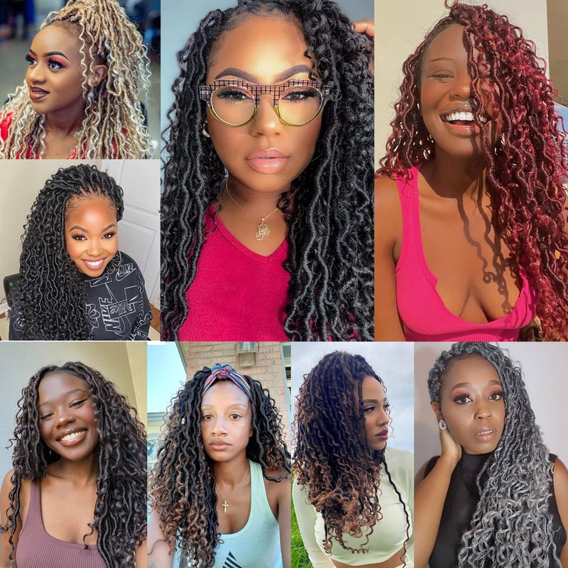 Goddess Locs Crochet Hair 18 Inch 7 Packs Ombre Brown Boho Faux Locs Crochet Hair for Black Women Pre Looped Crochet Locs with Curly Ends (1B/30/27)