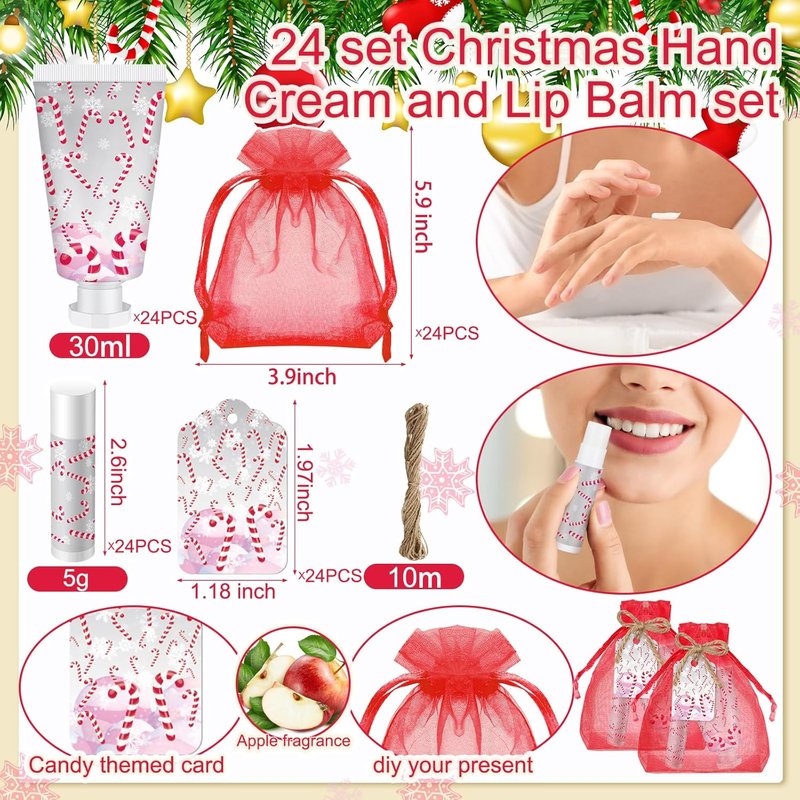 Christmas Candy Cane Hand Cream & Lip Balm Gift Set - Travel Size | Perfect for Weddings & Showers