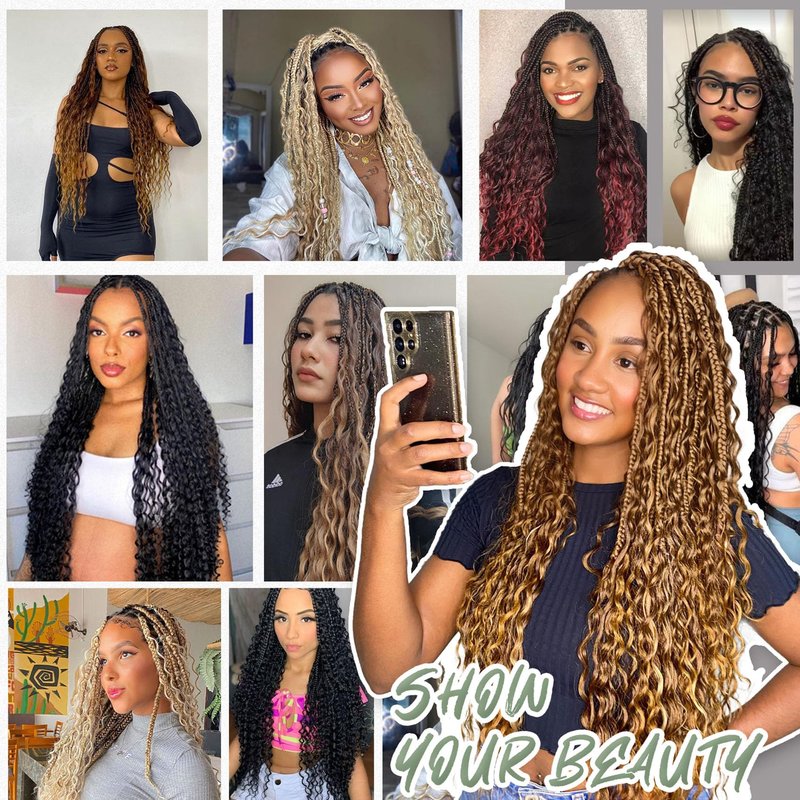 24 Inch 7 Pack Goddess Box Braids Burgundy Bohemian Crochet Boho Box Braids With Curly Ends Pre-looped Crochet Braids Hair for Women Synthetic Braiding Hair