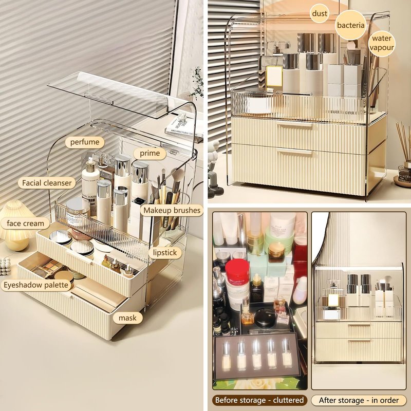 DASITON Clear Dustproof Two layers Storage Box,Makeup Brush Holder,Large Capacity Desktop Storage Box with Drawer,for Beauty Products,Perfume,Jewelry,Nail Polish