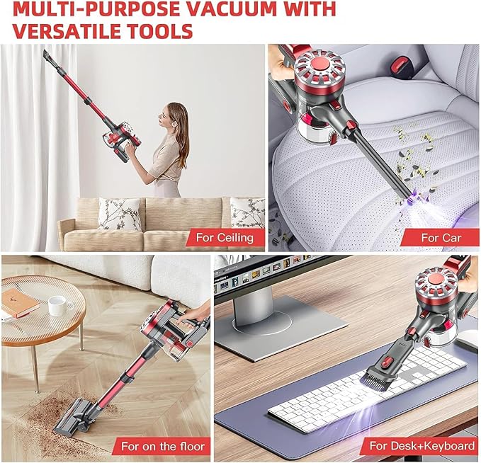 WLOTPO Cordless Vacuum Cleaner for Home,Lightweight Stick Vacuum Cordless Rechargeable with Power Suction, Up to 35 Mins Runtime, Hardwood Floor Vacuum for Pet Hair,Carpets,Tile(Cherry Red)