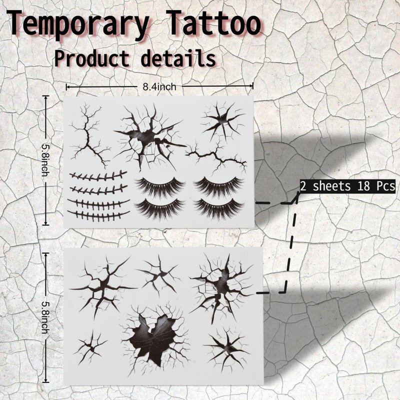 Halloween Creepy Cracks Face Tattoo Set, Temporary Makeup Stickers with Eyelashes, Black Broken Glass Pattern, Costume Accessories (Black)