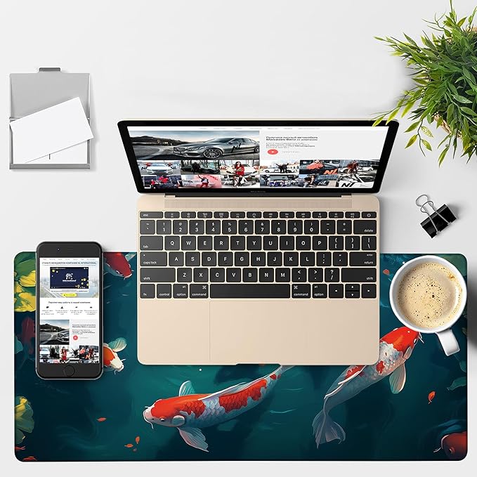 NITAHHHY Large Mouse Pad Koi Fish Gaming Desk Pad Computer Keyboard Non-Slip Waterproof Mouse Mat with Rubber Base and Stitched Edges Entertainment Office Writing Desk Mat 35.4 x 15.7 Inches