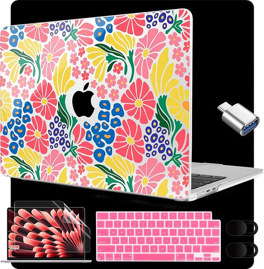 MEEgoodo for M5/M4/M3/M2 MacBook Air 15 inch Case 2026 2025 2024 2023, Case Fit Model (A3448/A3241/A3114/A2941) for MacBook Air 15.3 inch, Groovy Flower