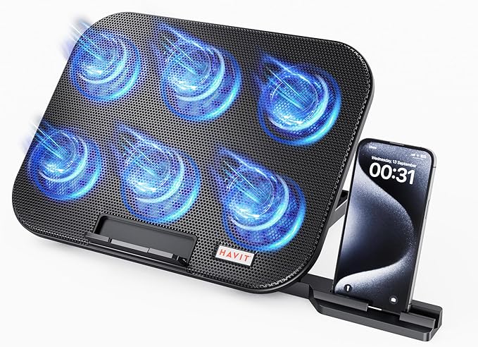 HAVIT 6 Fans Laptop Cooling Pad with 6 Adjustable Heights for 12.2-14.1 Inch Laptops, Quiet Cooling Stand with Phone Holder and Dual USB Ports for Efficient Heat Dissipation