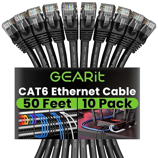 GEARit Cat 6 Ethernet Patch Cable 50 ft Black (10 Pack) Cat6 Patch Cables 50ft Black/Ethernet Patch Cable, 10Gbps 550MHz 24AWG Pure Copper, Snagless, Gold Plated RJ45 for Router, Server, Router, PC