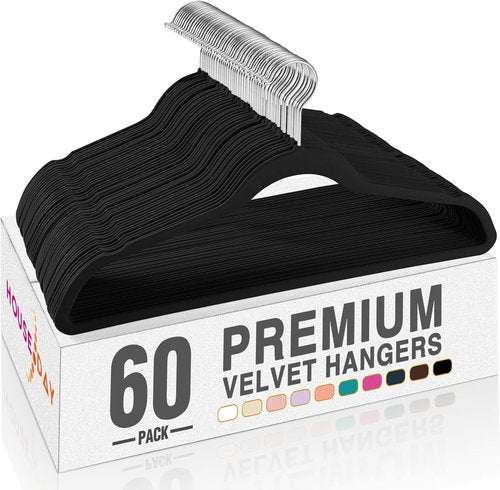 HOUSE DAY Black Velvet Hangers - 60P Set with 20P Leggings Organizer Clips - Premium Quality