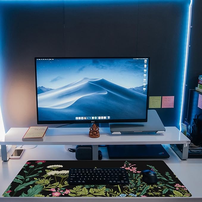 Eflxamz Large Gaming Mouse Pad for Desk,Wildflowers Night Desk Mat,Wild Floral Flower Desk Pad,Extended Big Computer Keyboard Mouse Pad with Non-Slip Base and Stitched Edge,35.4"x15.7"