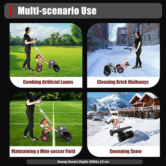 2-Stroke 52CC Walk Behind Power Sweeper Broom, 2.5HP Fuel Engine Sweepers Snowplow Broom Driveway Lawns Artificial Grass Power Brush Lawn Sweeper Cleaner Tools Air-Cooled for Street Farms