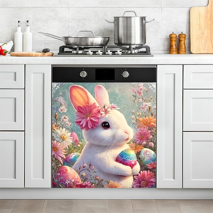 NYZE Easter Dishwasher Magnetic Cover, Bunny Eggs Dish Washer Magnet Cover Panel Waterproof Oil Proof Decorative Sticker for Dishwasher Refrigerator(Bunny with Flower)