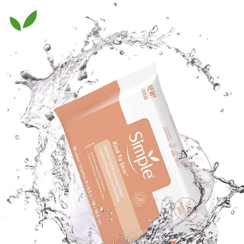 Simple Skin Care - Facial Cleansing Wipes, 25 Count, Instant Glow & Defend, Compostable, Skin Brightening, Moisturizing, Free of Harsh Chemicals, PETA Cruelty-Free