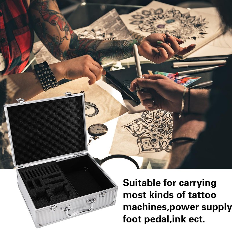 DEAYOU Tattoo Kit Box, Tattoo Machine Case with Lock Key and Sponge, Aluminum Alloy Tattoo Storage Organizer Carrying Case for Tattoo Equipment and Supplies, Makeup Tools, Travel, 12.2" x 9.4" x 5.1"