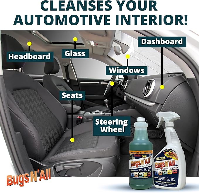 Bugs Nâ All Multipurpose Car Cleaner & Degreaser - Bug & Tar Remover Concentrate 32 oz - Exterior Cleaner Safe for Car Paint, Metal, Chrome, Aluminum, Windows & Mirrors - w/Free 32 oz Spray Bottle