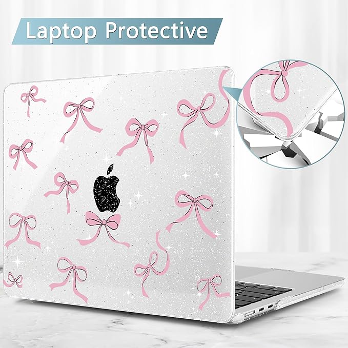May Chen Case for MacBook Air 13/13.6 inch M5 A3449 M4 A3240 M3 A3113 M2 A2681, 2026 2025 2024-2022, Plastic Hard Shell with Keyboard Cover & Screec Protector, Clear Glitter Bow
