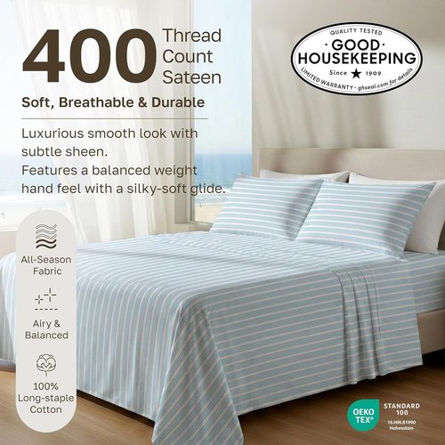 California Design Den King Size Cotton Sheets Set - 100% Soft Cotton, 400 TC, Award-Winning Sateen Finish, Cape Stripe Blue