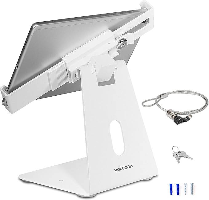 Volcora Anti-Theft Tablet Stand iPad Kiosk Stand with Lock, White 10-13'' iPad Stand for Desk, Swivel, Adjustable iPad Holder for Desk, iPad Mount for Desk for POS Register, Retail Business, Cashier