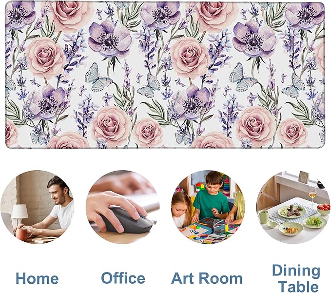 NITAHHHY Gaming Desk Pad Large Extra Length Lavender, Roses and Anemone Mouse Pad Keyboard Laptop Non-Slip Waterproof with Rubber Base Thick Stitched Edge Mouse Mat for Office Home 35.4 x 15.7 Inches