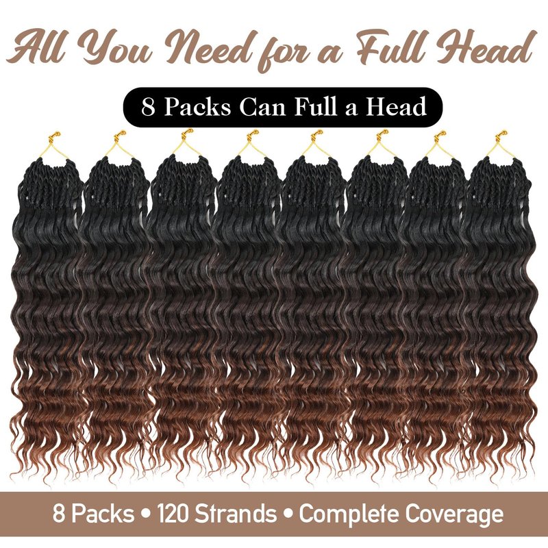Ocean Wave Crochet Hair - 12 Inch Ombre Brown Auburn Synthetic Pre-Looped Braids | Boho Deep Wave for Black Women