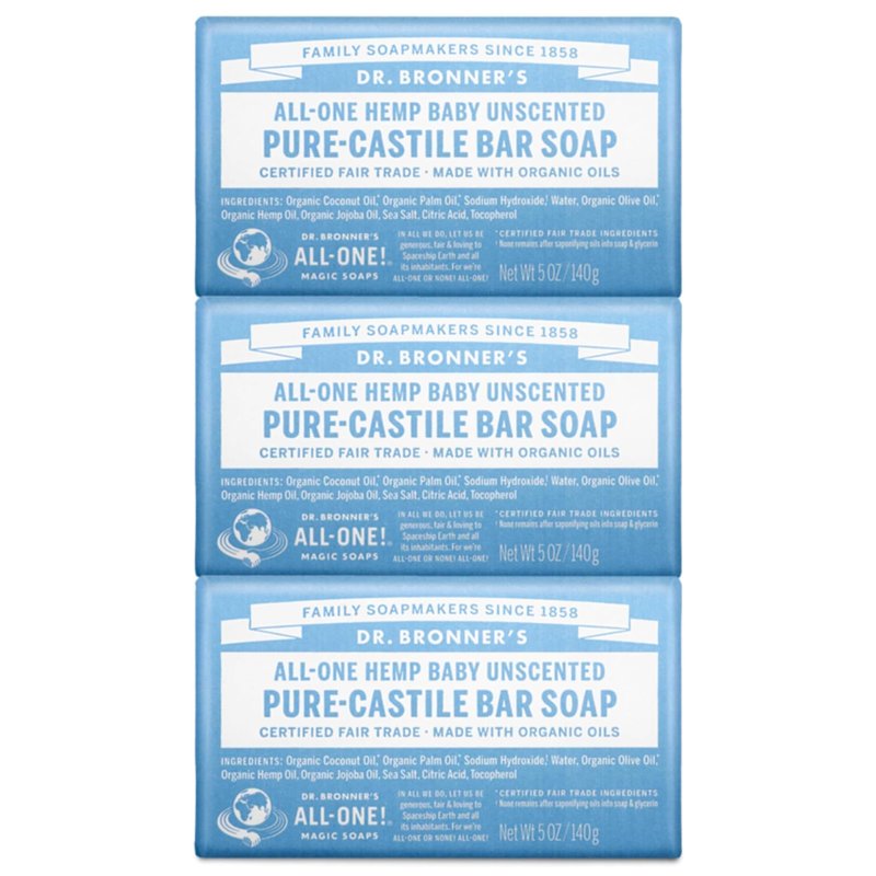 Dr. Bronner's - Pure-Castile Bar Soap (Baby Unscented, 5 ounce, 3-pack) - Made with Organic Oils, For Face, Body, Hair, Gentle for Sensitive Skin, Babies, No Added Fragrance, Biodegradable, Vegan