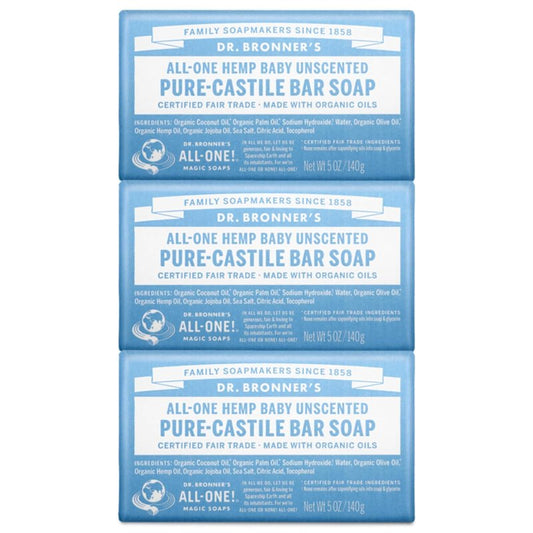 Dr. Bronner's - Pure-Castile Bar Soap (Baby Unscented, 5 ounce, 3-pack) - Made with Organic Oils, For Face, Body, Hair, Gentle for Sensitive Skin, Babies, No Added Fragrance, Biodegradable, Vegan