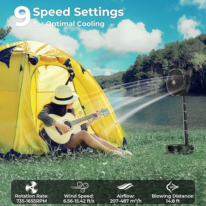 40000mAh Portable Travel Fan, Rechargeable Collapsible Fan, 106H Run, 8 Speeds Standing Oscillating Fan, Battery Powered with Timer & Light for Travel Cruise Essentials RV Outdoor Bedroom Power Outage