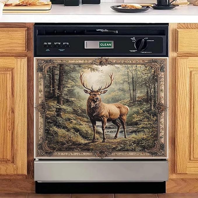 Kitchen Decor Deer Dishwasher Magnet Cover Decal, Vintage Forest Elk Magnetic Dishwasher Covers Decorative, Animal Dishwasher Skin (Magnetic) 23" W x 17" H