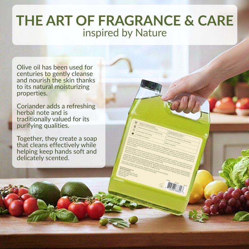Cucina Fruits & Passion Hand Soap Refill, Coriander & Olive Tree, 1 L (33.8 fl oz), Liquid Hand Soap with Moisturizing Olive Oil, Biodegradable, Vegan Formula, Kitchen & Bathroom