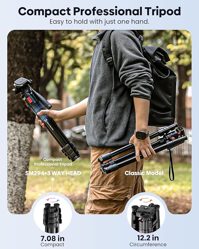JOBFRI 68" Lightweight Camera Tripod Stand, Compact Portable Travel Aluminum Tripod for DSLR/SLR, Compatible with Canon/Nikon/Phone (Supports 8.8 lbs, Weighs 2.46 lbs) Black