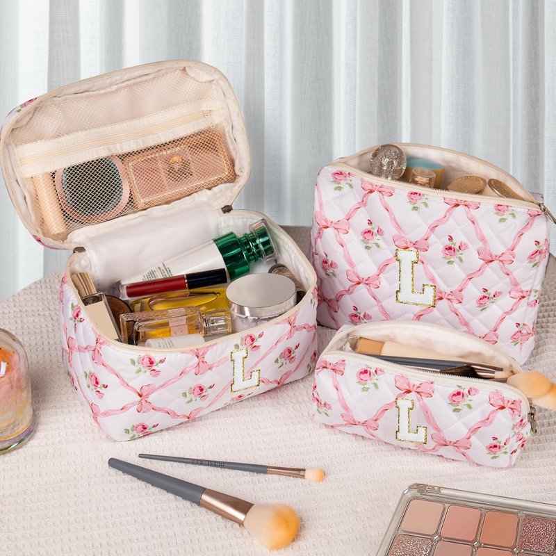 Personalized Initial Makeup Bag Set - Large Floral Quilted Cosmetic Bag for Women | Cute Cotton Travel Toiletry Bag