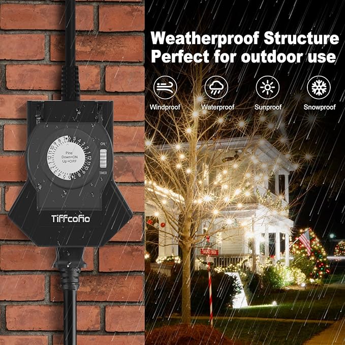 TiFFCOFiO Outdoor Timer Outlet Waterproof, 24 Hour Mechanical Light Timer Outdoor, 3 Grounded Outlets for Home and Garden, 15A 1/2HP, Heavy Duty, ETL Listed (1 Pack)