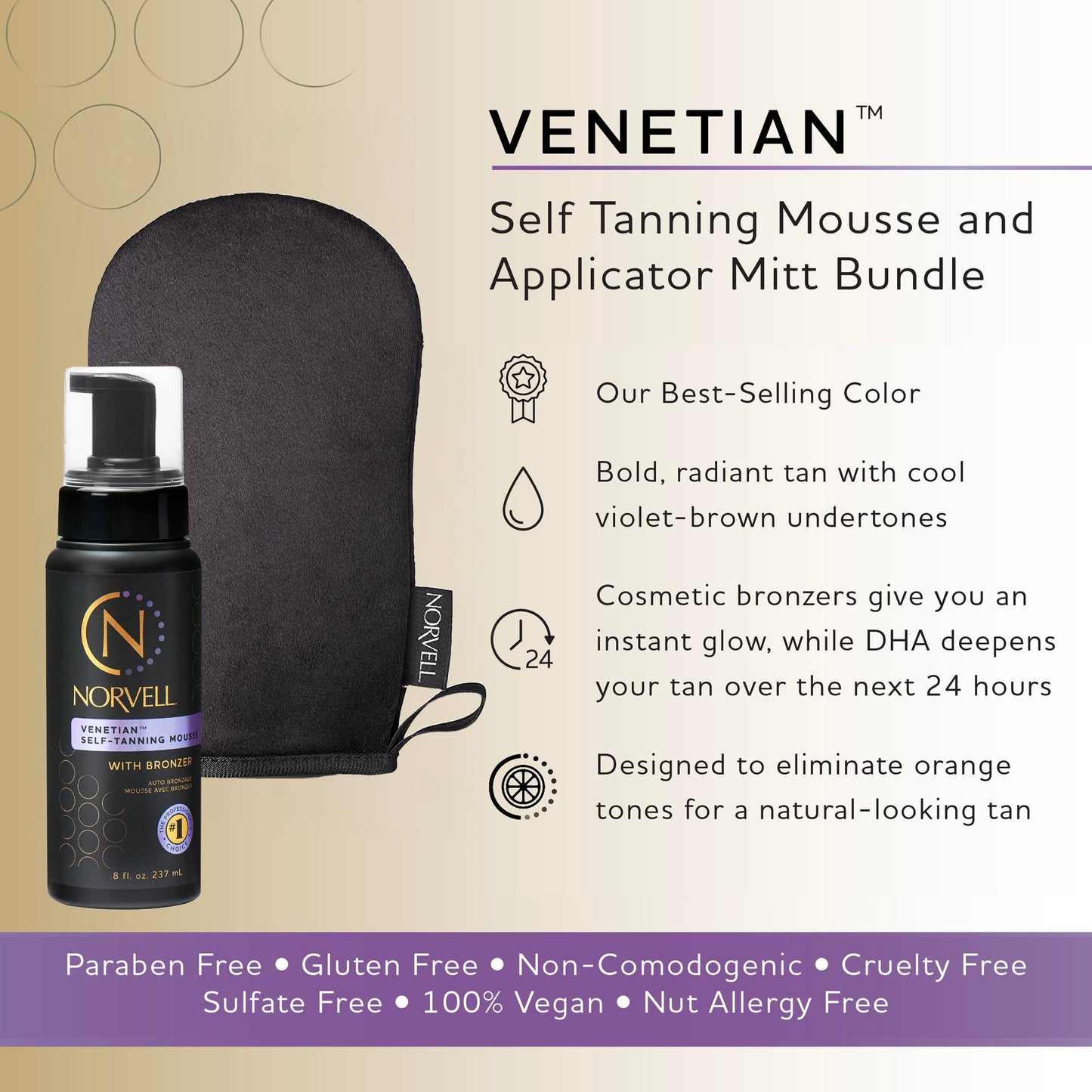 Norvell Venetian Self Tanning Set – 8 Fl Oz Mousse with Bronzer and Reusable Applicator Mitt for Natural-Looking, Streak-Free Tan