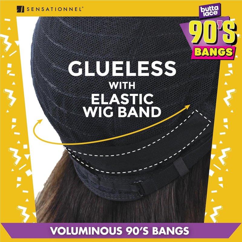 Butta Lace 90S Bangs Wig - Glueless Wide Deep Part Synthetic Hair, Pre-Plucked Hairline | 2 Dark Brown