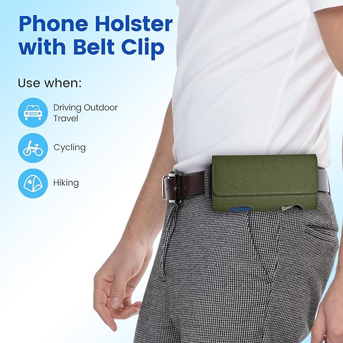 Mopaclle Nylon Phone Holster with Heavy Duty Metal Belt Clip and Card Holder, Compatible with Samsung Galaxy S26/S25/S24/S23/S22 Ultra, Note 20/10 Series, and A17/A17F/M17 Series - Green