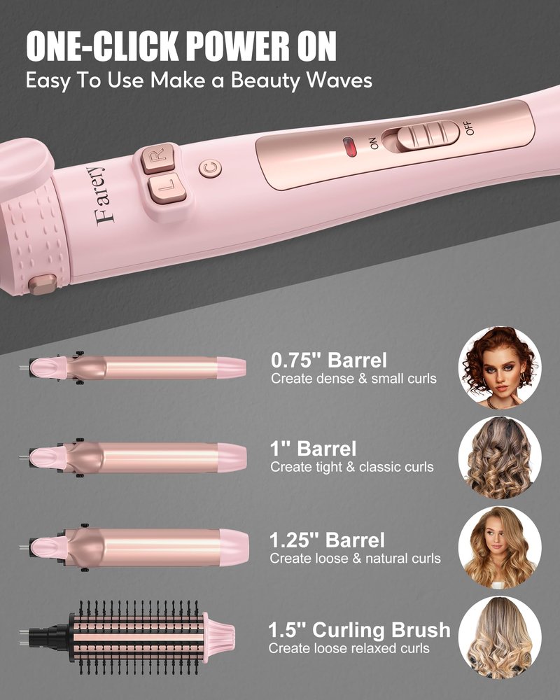Farery 4-in-1 Interchangeable Automatic Rotating Curling Iron & Thermal Brush Set, 0.75''/1''/1.25'' Curling Iron & 1.5'' Heating Round Curling Brush, ONE Heat 410°F, Pink