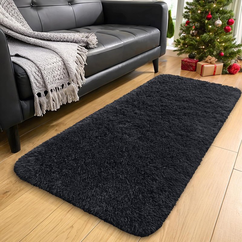 OLANLY 3x12 Machine Washable Runner Rugs for Hallway, Soft Fluffy Shaggy Bedside Rugs for Bedroom, Living Room, Indoor Floor Carpet for Kids Girls and Boys, Nursery Rooms, Home Decor Aesthetic, Black
