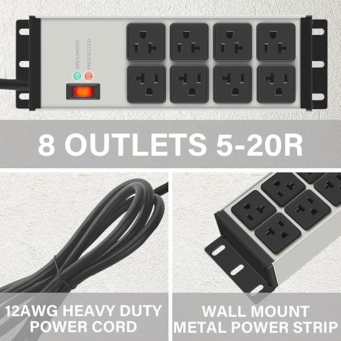 CCCEI Heavy Duty Power Strip Surge Protector 20 AMP Switch, 12 Gauge Extension Cord with Multiple Outlets, Industrial, Shop, Garage High Amp Wall Mount Electric Extender. 4FT, Grey.