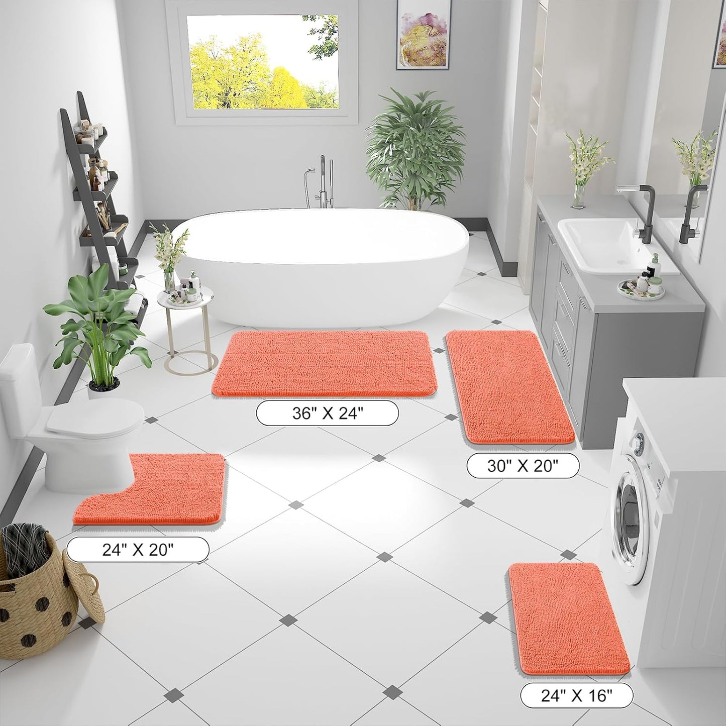 OLANLY Bath Rugs - Extra Soft Chenille, Quick-Dry, Machine Washable | 24x16 Coral Bathroom Mats