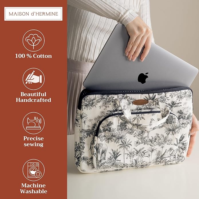 Maison d'Hermine Laptop Bag with Pocket Upto 13.5 inch Stain and Water Repellent Cotton Canvas Spring Summer (Savana Jouy - Black)