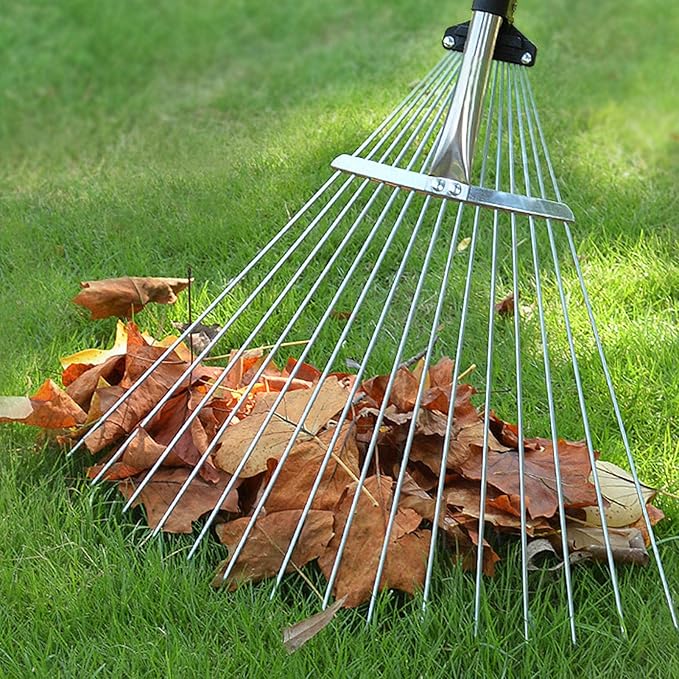 Adjustable Collapsible Garden Leaf Rake Aluminum Alloy Lawn Yard Rake for Leaf Cleaning Flower Bed and Outdoor Gardening (15 Teeth 81â160cm Length 18.5â55.5cm Width)
