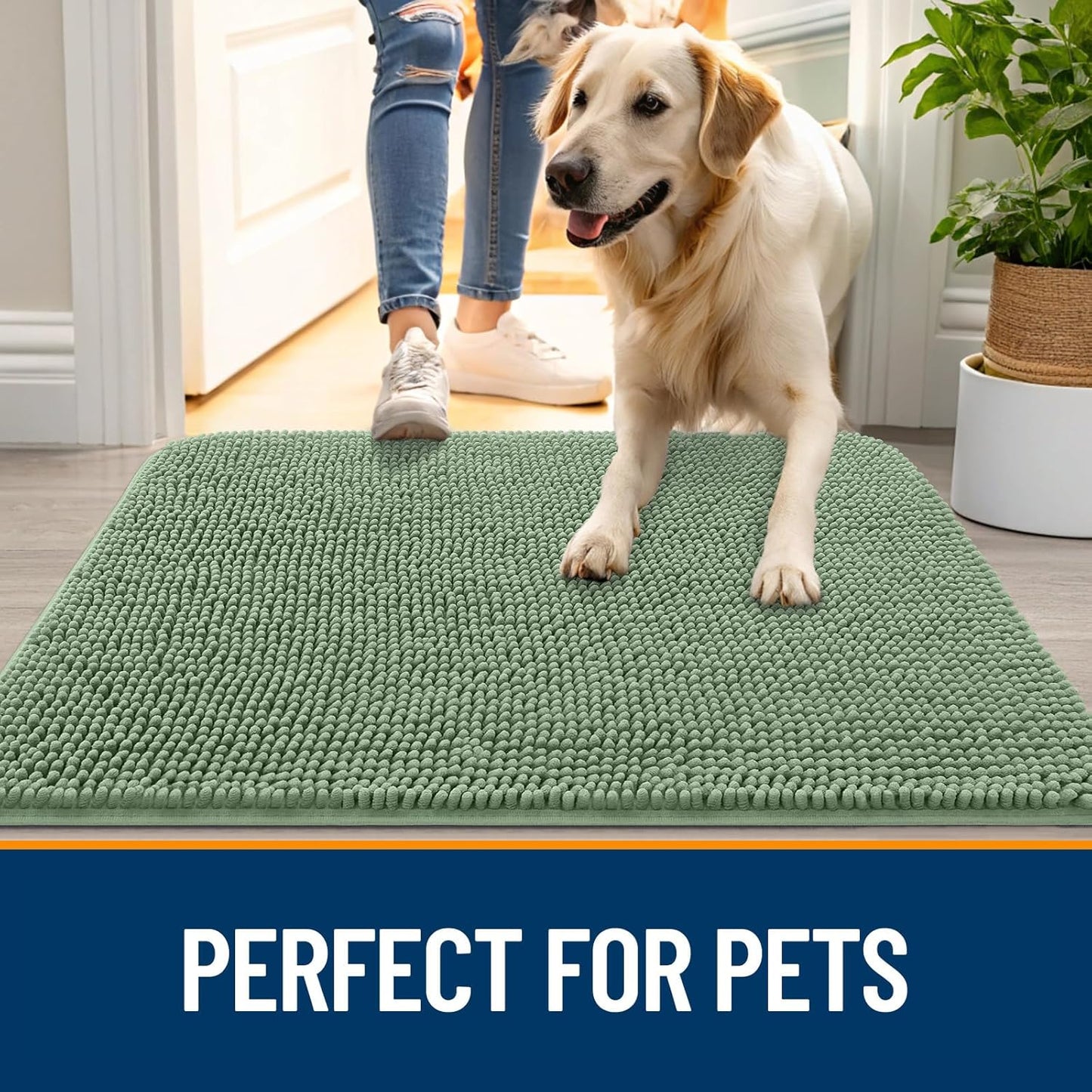OLANLY Dog Door Mat - Absorbent Non-Slip Indoor Carpet for Muddy Paws | 47x24, Olive Green