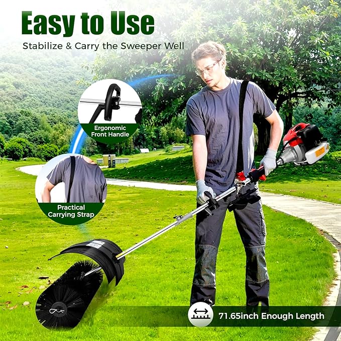 52CC 2 Stroke Gas Handheld Sweeper, 2.3HP Power Outdoor Backpack Broom Lawn Sweeper w/Manual Puller&Air Filter, Side-Mounted Snow Sweeping Broom for Driveway Street Turf Snow Artificial Grass Cleaning