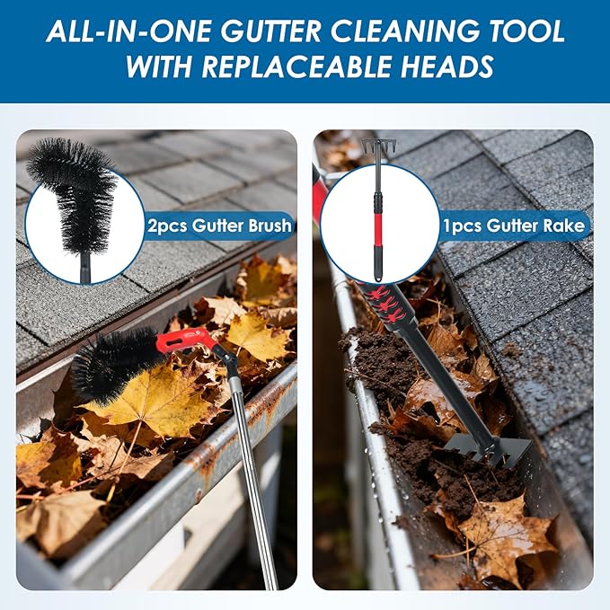 Gutter Cleaning Tools from The Ground, Adjustable Gutter Cleaning Pole with 180Â° Pivoting Head, Gutter Rake & 2 Gutter Brush, Gutter Cleaner Tool for Removing Leaves, Debris & Spider Webs (Black)
