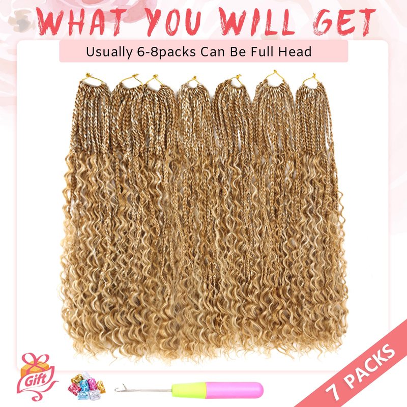 Eeanno Goddess Box Braids Crochet Hair 18 Inch 7 Packs Mixed Blonde 613 Boho Crochet Hair for Women Pre Looped Crochet Box Braids with Curly Ends, P27613