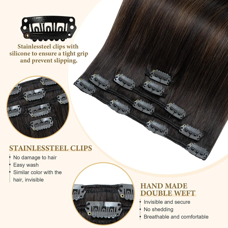 Ombre Hair Extensions Clip in Human Hair Remy Brazilian Clip on Real Human Hair Invisible Double Weft Balayage Dark Brown to Chestnut Brown 20 Inch 60G 5 PCS Natural Straight Clip ins Hair for Women