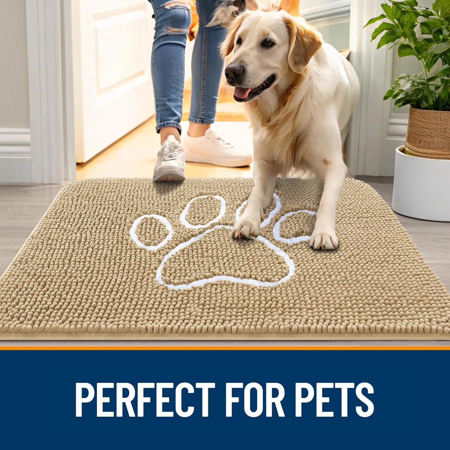 OLANLY Dog Door Mat - Absorbent Non-Slip Mud Mat for Paws | Quick Dry Chenille, 47x17, Beige